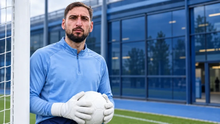 Donnarumma chuẩn bị cạnh cột gôn trong môi trường Manchester City